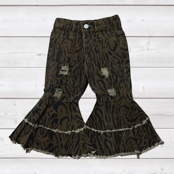 Animal Print Distressed Tiered Denim