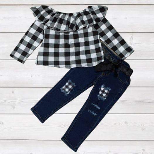 Ruffled Buffalo Plaid  2 Piece Denim Set
