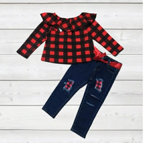 Red Ruffled Buffalo Plaid Denim 2 Piece Set