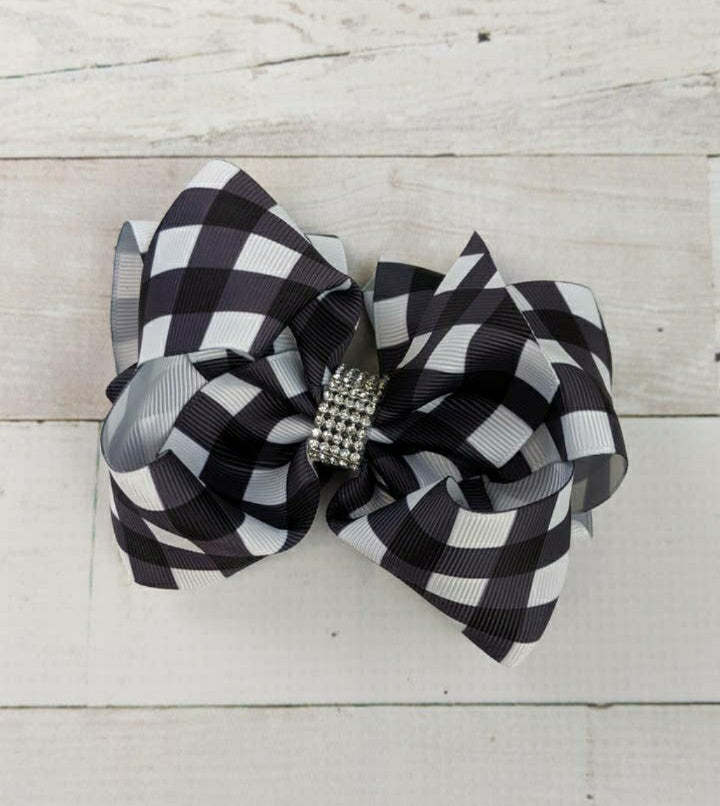 White Buffalo Plaid Rhinestone Hair Bow
