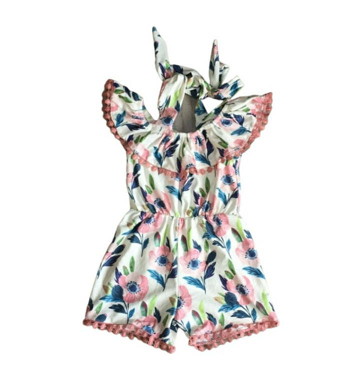 Floral & Coral Pom Romper