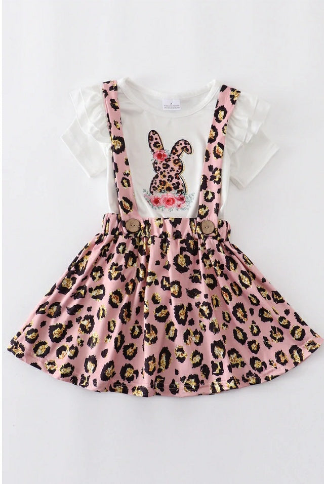 Leopard Rabbit Ruffle Suspender Skirt Set