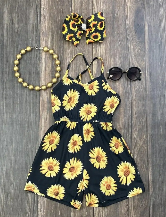 Black Sunflowers Romper - Girl's