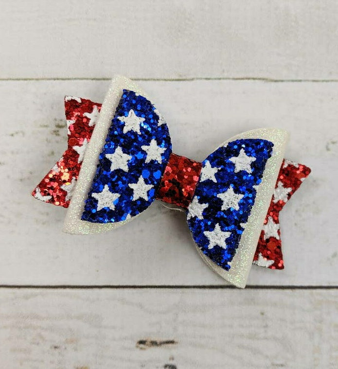 Glittery Stars Patriotic Bow Clip