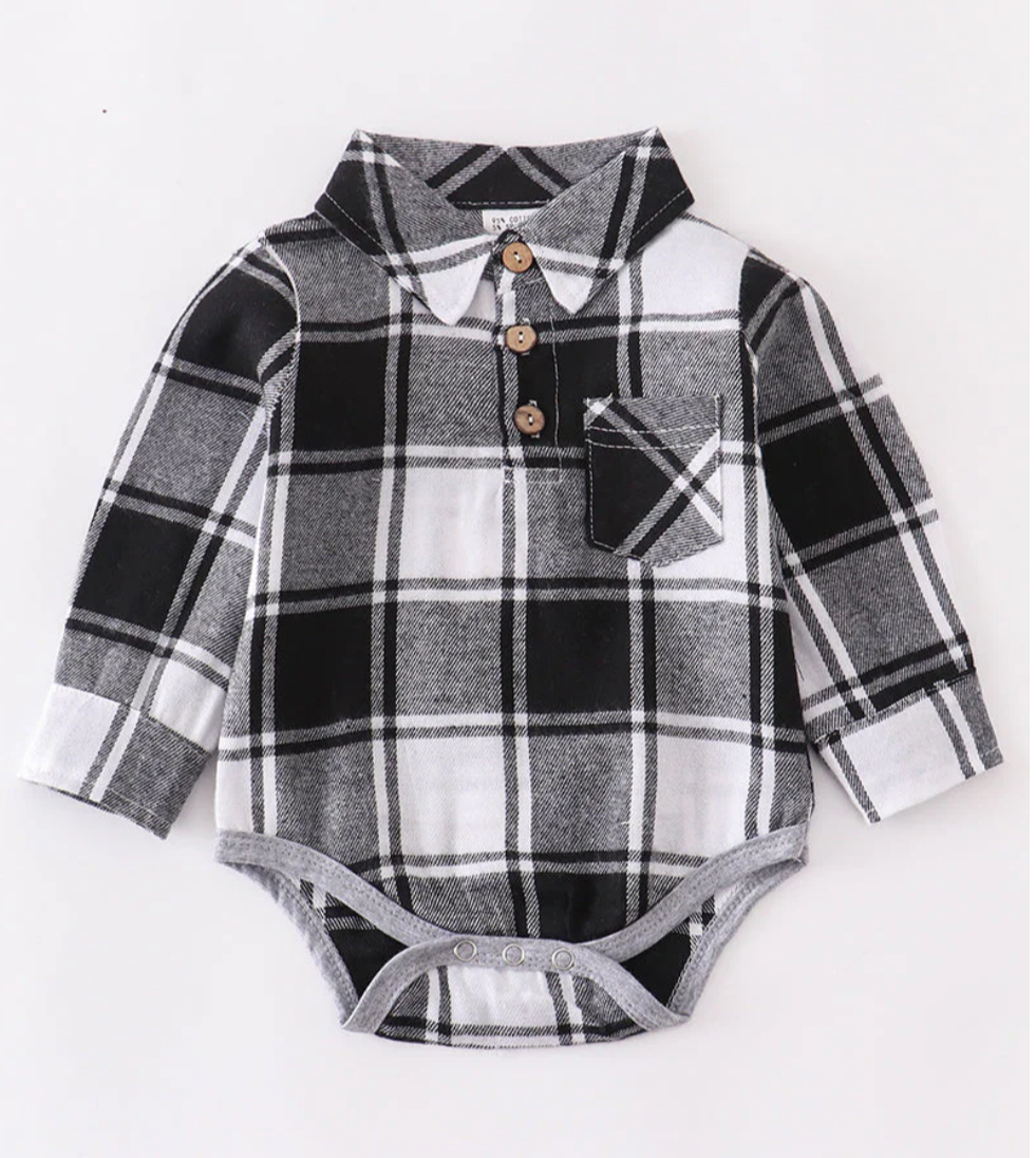 Black Plaid Button Down Romper