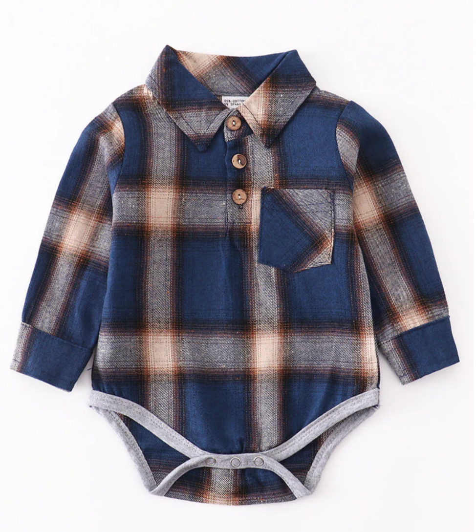 Navy Plaid Button Down Romper
