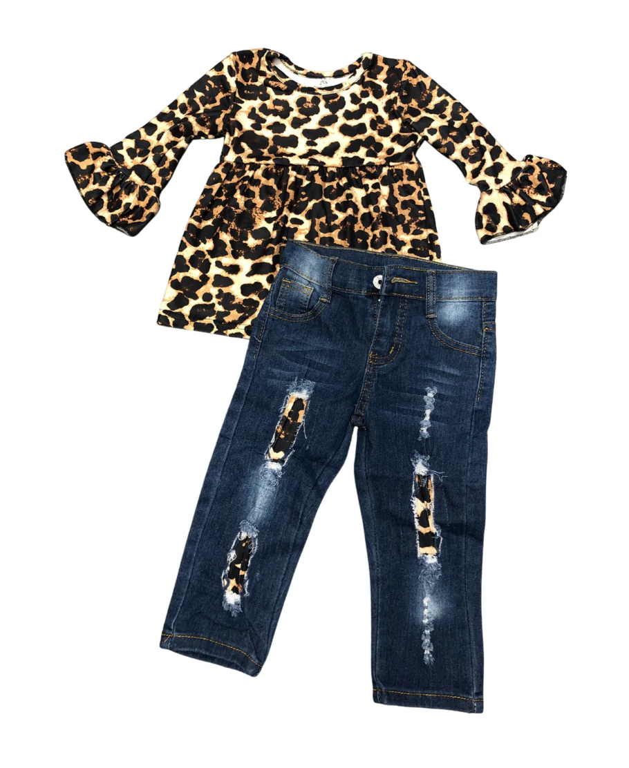 Leopard Print Ruffle 2 Piece Denim Set