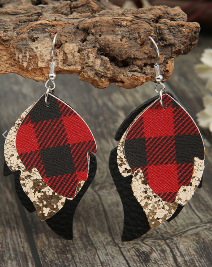 Plaid Christmas Leaf Earrings