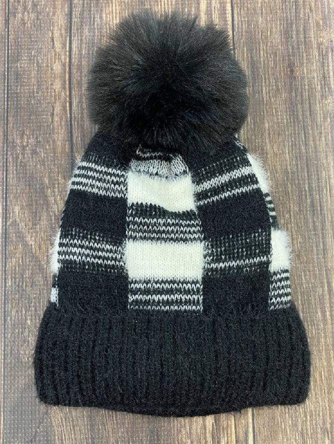 Black Buffalo Plaid Pom Beanie