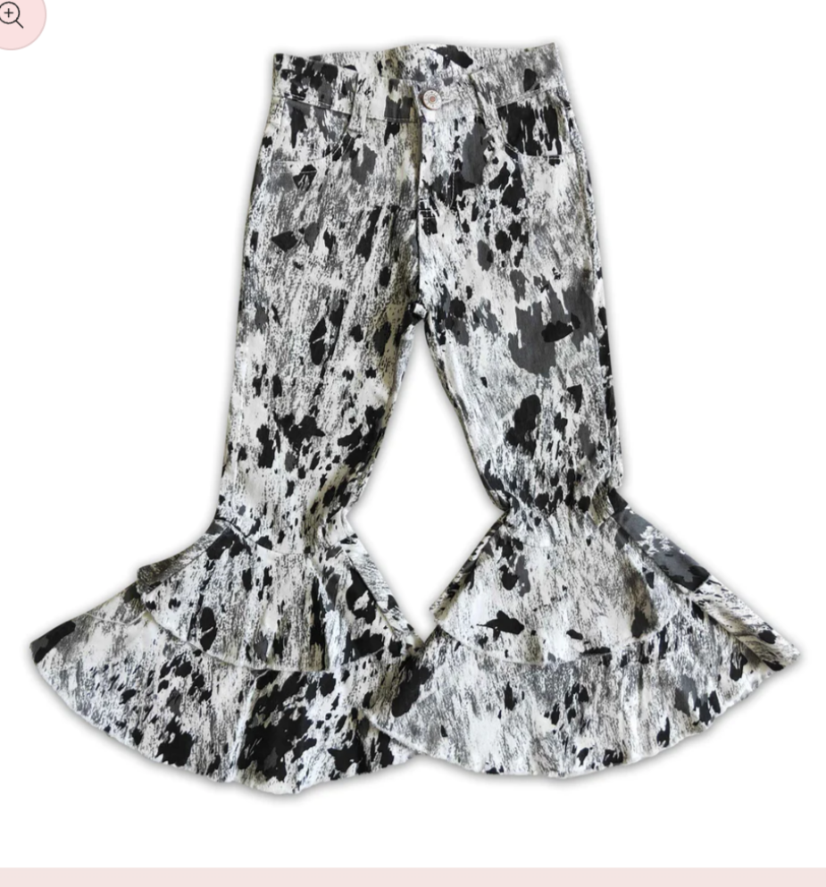 Grey Print Denim Ruffle Pants